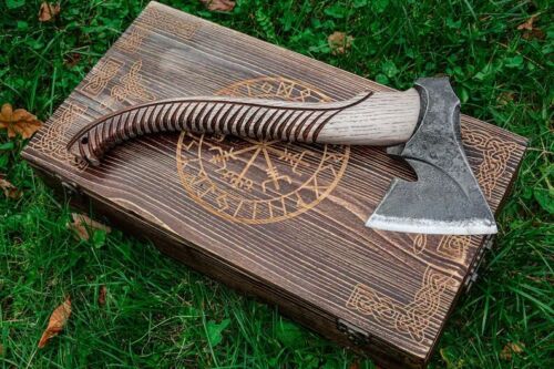 Custom Handmade Tomahawk, Engraved Viking Axe, Carbon Steel Axe, Beautiful Axe Gift, Leather Sheath, Wooden Gift Box (7).jpg