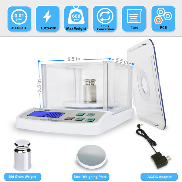 600g x 0.01g Digital LCD Analytical Balance Laboratory School Scale with USB Charger AC/DC Adapter