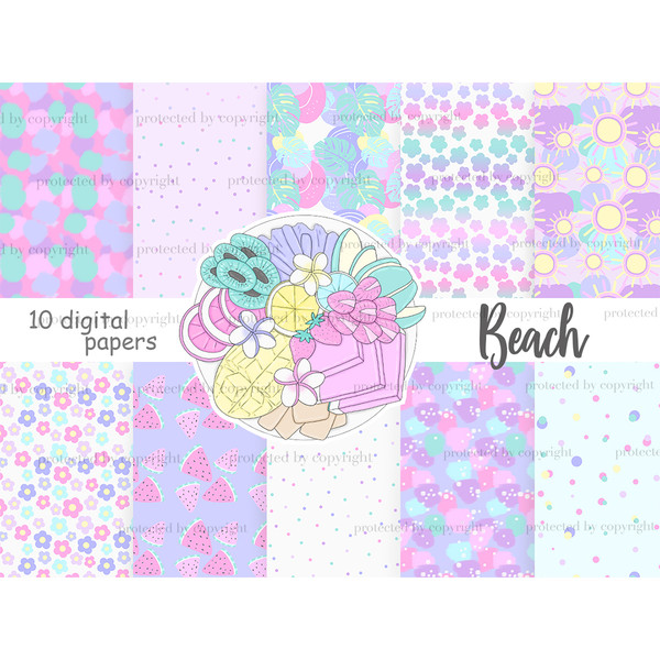Bright tropical beach bundles of digital papers. Multicolored dots on a white background patterns. Monstera palm leaves seamless pattern. Multicolored flowers d