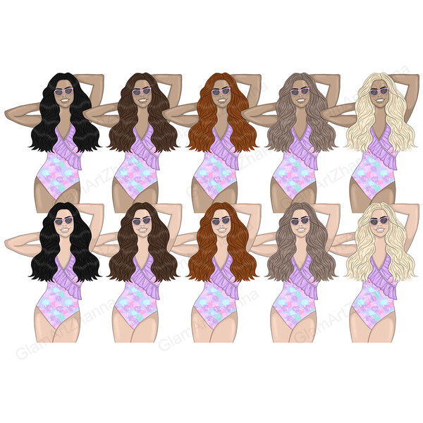 Girls with long hair in bright purple-blue swimsuits and pink-rimmed sunglasses stand with their hands up. Girls have different shades of skin color and hair.