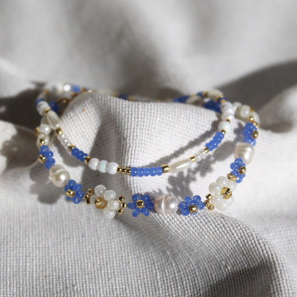 Handmade Bead and Faux Pearl Bracelet ~ Blue