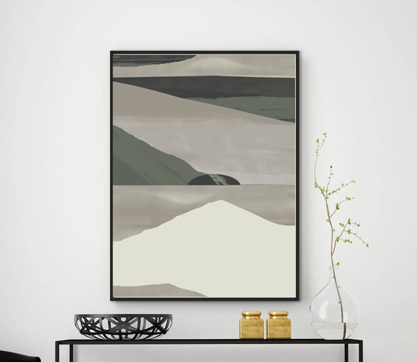 Three abstract posters in green and gray tones