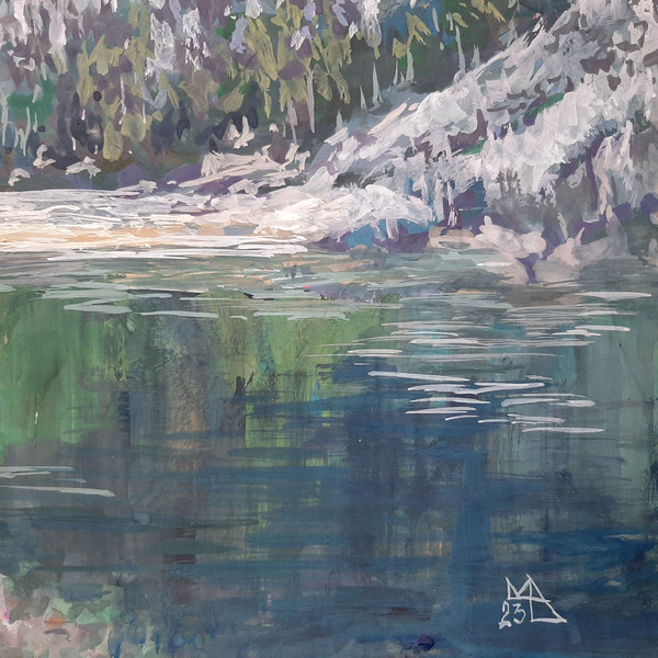 Emerald Lake Art. In the lower right-hand corner of the art is artist's signature.