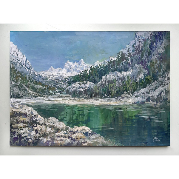 Clear sky over mountain peaks. Mountain Lake art is sale unframed and is ready to ship.