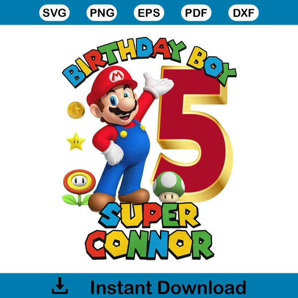 Super Mario 5th Birthday Party Shirt Design For Boy PNG File - Inspire ...