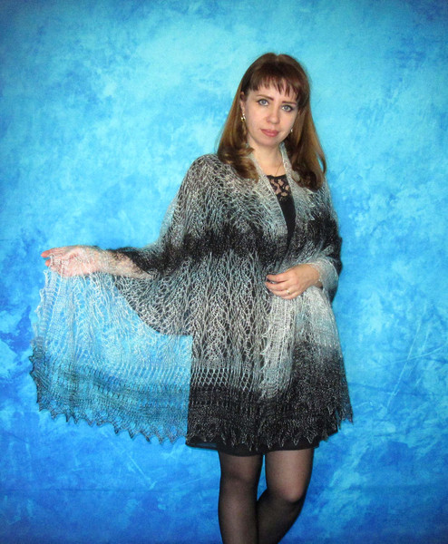 Hand knit turquoise scarf, Handmade Russian Orenburg shawl, Goat wool shoulder wrap, Warm cover up, Lace pashmina, Downy kerchief, Stole, Cape, Gift for wife.JP