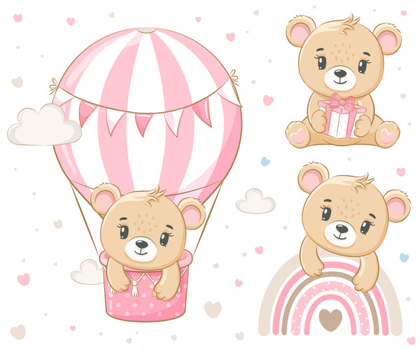 A cute teddy bear girl is flying in a balloon. EPS, JPG, PNG