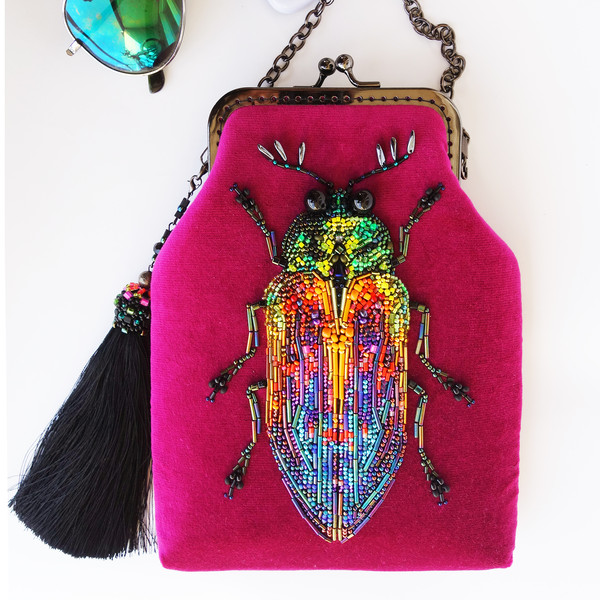Rainbow Beetle Beads Embroidery Pink Phone Mini Bag | DragonLoverArt