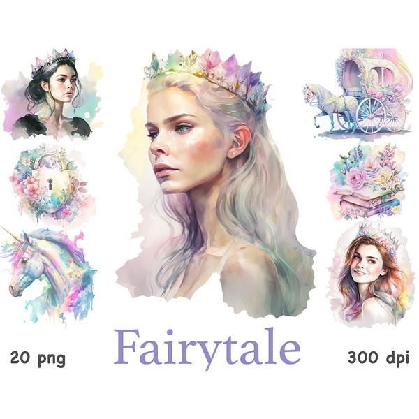 Fairytale rainbow watercolor portraits of princess girls with crowns. Brunette, blonde and princess with brown hair. Fairytale unicorns. One unicorn with a wago
