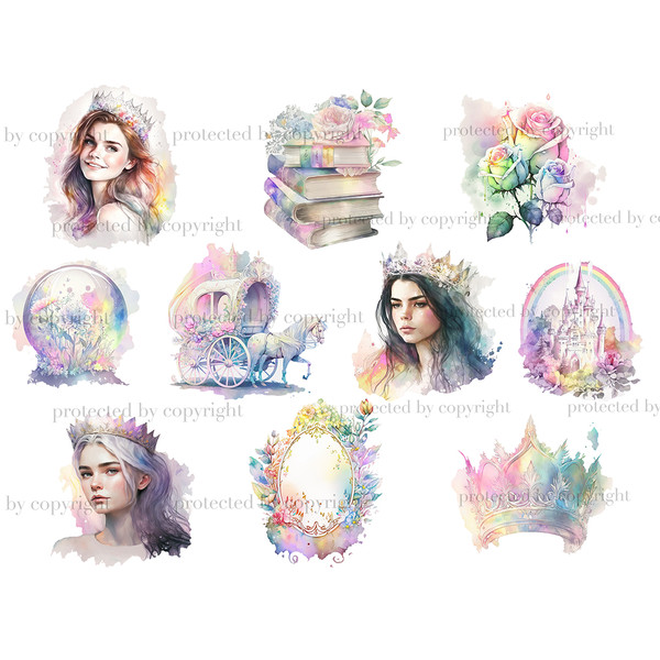 Fairytale watercolor portraits of girls princesses with crowns. Brunette, blonde and princess with brown hair. Fairytale unicorns. Magic ball, rainbow over fair