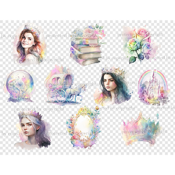 Fairytale watercolor portraits of girls princesses with crowns. Brunette, blonde and princess with brown hair. Fairytale unicorns. Magic ball, rainbow over fair