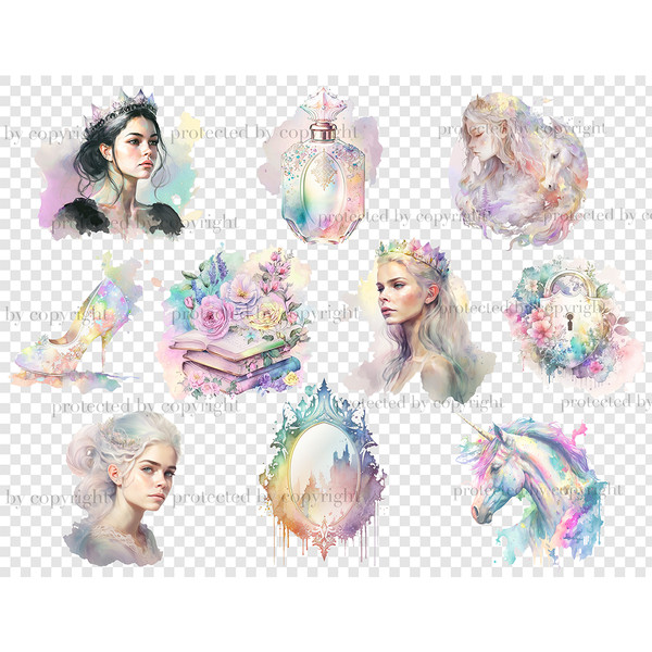 Fairytale watercolor portraits of girls princesses with crowns. Brunette, blonde and princess with white hair. Fairytale unicorn. Rainbow glass perfume bottle.