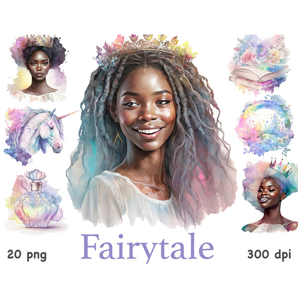 Fairytale watercolor portraits of African American girls princesses with crowns. One girl with dreadlocks, another girl brunette, the third girl with multi-colo