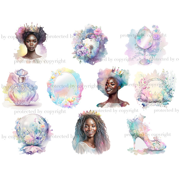Fairytale watercolor portraits of African American girls princesses with crowns. One girl with dreadlocks, another girl brunette, the third girl with multi-colo