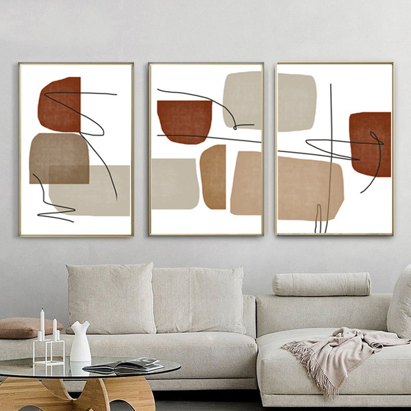 Abstract Printable Large Art Set Of 3 Posters Rust Beige Brown
