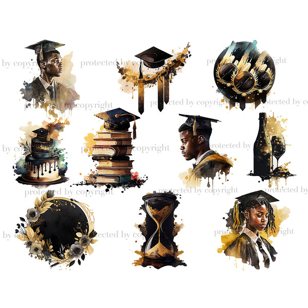 Watercolor Graduation African American Girls and Boys. Watercolor Ceremony Hat, medals, a cake with a Graduation Hat on it, a stack of books with a Graduation H