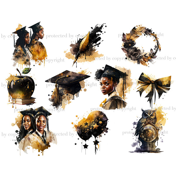 Watercolor Graduation African American Girls. Watercolor Ceremony Hat, black and gold bow, black fountain pen with gold nib, apple of knowledge on books, black