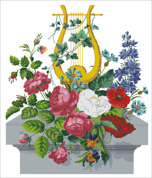 Vintage Cross Stitch Scheme  Harp and roses