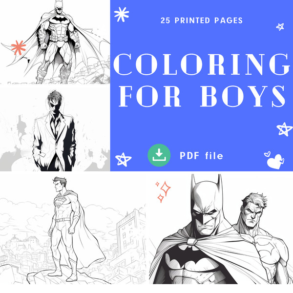 Coloring book for Boys Collection 1, coloring books for children  Grayscale Printable PDF Coloring Pages