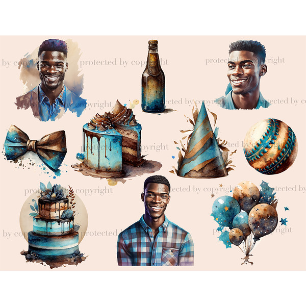 Watercolor clipart african american male birthday. Birthday men in blue shirts. One of the men in the jacket. Tiered blue birthday cake. Brown and blue bow tie.