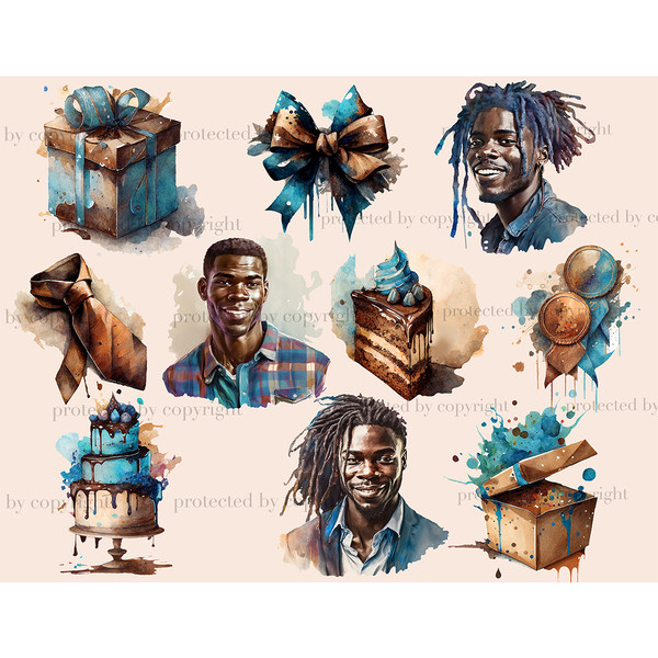 Watercolor clipart african american male birthday. Birthday men in blue shirts. One of the men in the jacket. Tiered blue birthday cake. Golden tie. Birthday bl