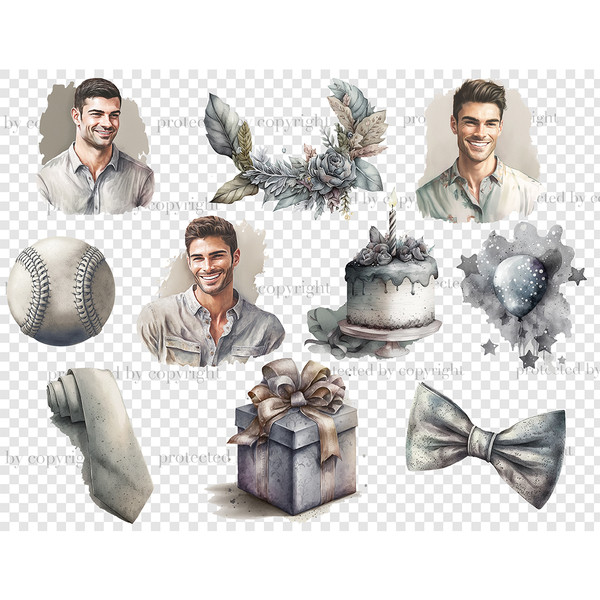 Watercolor neutral gray tones clipart male birthday. Birthday men in shirts. Two men are brunettes, one man has brown hair. Gray birthday cake. Birthday box wit