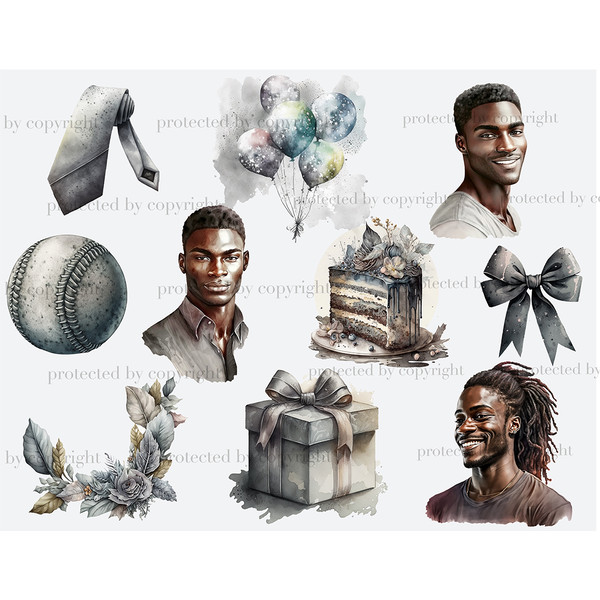 Watercolor neutral gray tones clipart african american male birthday party. Black male birthdays. Gray birthday piece of layered cake. Birthday gift box, hat, b