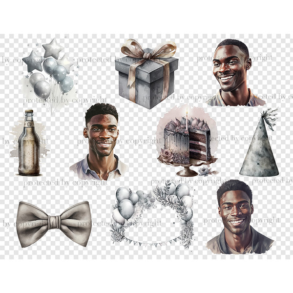 Watercolor neutral gray tones clipart african american male birthday party. Black male birthdays. Gray birthday cake. Birthday gift box, hat, balloons, beer bot