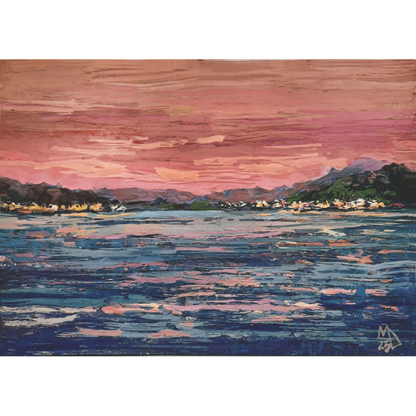 Seascape at Pink Sunset art hand painted by artist with paintbrush.