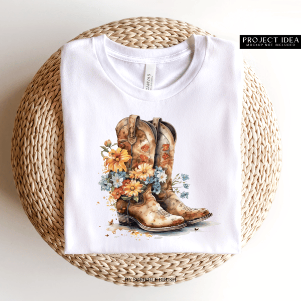 Watercolor Floral Cowgirl Boots white shirt Mockup.png