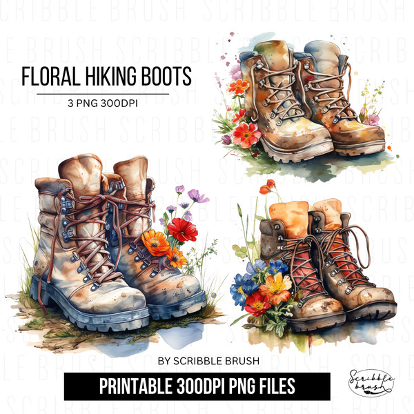 Watercolor Floral Hiking Boots Sublimation PNG.png
