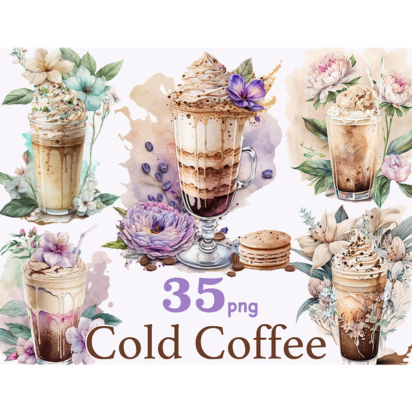 Watercolor clipart of cold coffee drinks. Cappuccino in a tall glass with flowers. Latte in a tall glass with cream and a blue flower. Appetizing macaron and pu