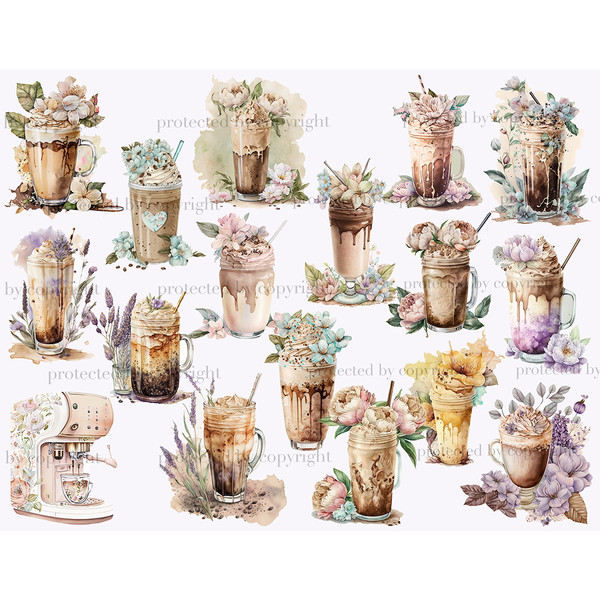 Watercolor clipart of cold coffee drinks. Cappuccino in a tall glass, latte in a tall glass, glass in a glass, carob coffee machine with a cup of coffee. Glasse