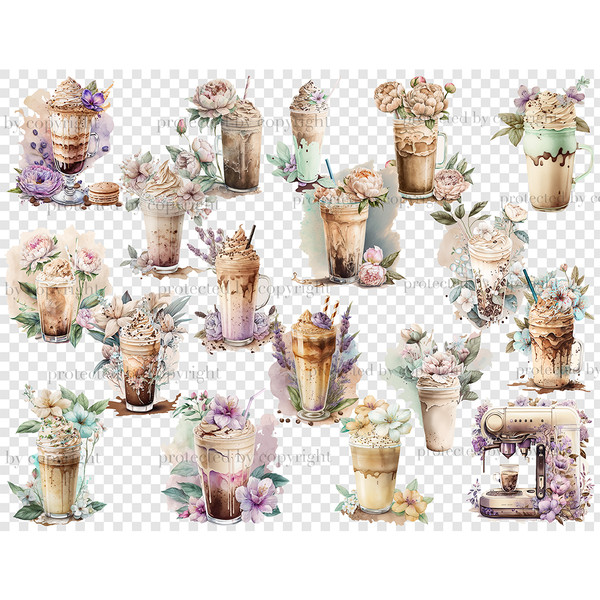 Watercolor clipart of cold coffee drinks. Cappuccino in a tall glass, latte in a tall glass, glass in a glass, coffee machine with a cup of coffee. Glasses with