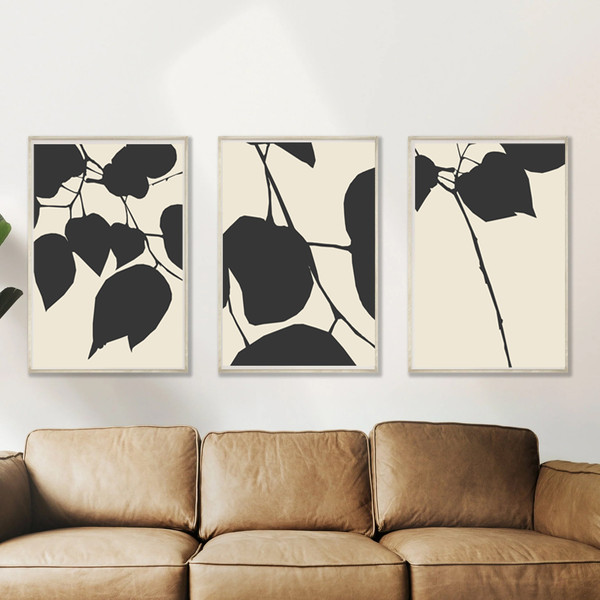 Leaf Wall Decor, Black Beige Art, Triptych Artwork, Printable Art, Set Of 3 Posters, Leaves Poster, Large Prints 24x36