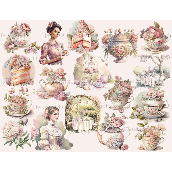Watercolor clipart tea party. Girls with flowers in their hair in Victorian dresses. Vintage teapots and sugar bowl with flowers. Layered cake with flowers on i