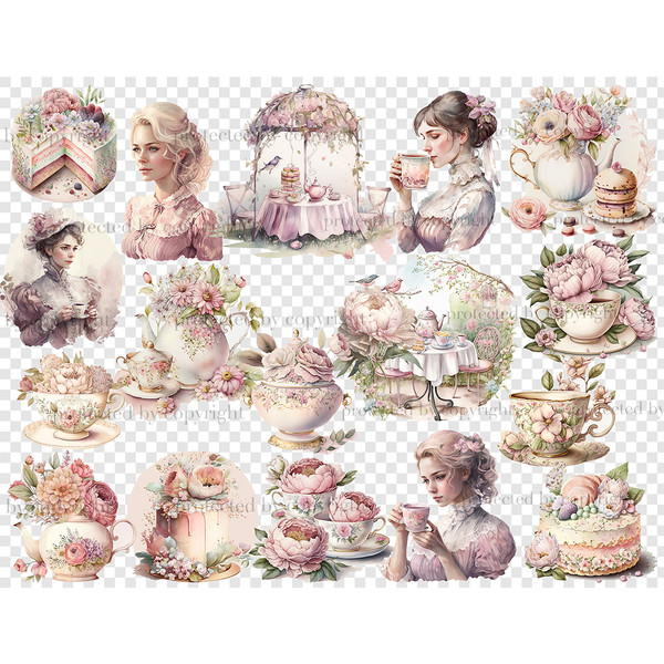 Watercolor clipart tea party. Girls with flowers in their hair in Victorian dresses drink tea from mugs. Vintage teapot with flowers. Lush airy cake with flower