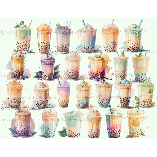 Watercolor clipart bubble tea. A set of bubble tea and bubble coffee cocktails with orange, grape, passion fruit, kiwi, lychee, mango, apple, coconut, strawberr