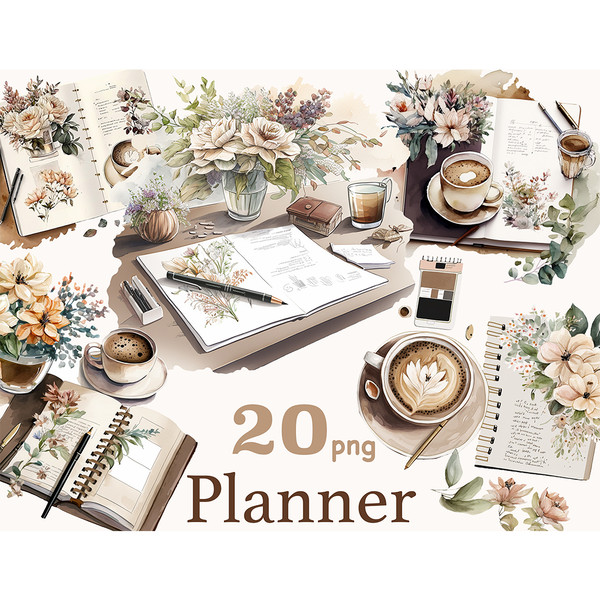 Planner girl watercolor clipart, coffee cups on table, flowers in vases, planners, pens and sticky notes, crafter workspace for journaling