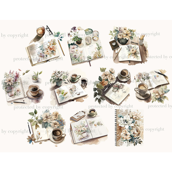 Watercolor clipart planner girl, cups of coffee, cocoa, flowers in a glass, in a vase and on a journal, planners, pens and stickers, crafter's workspace for jou