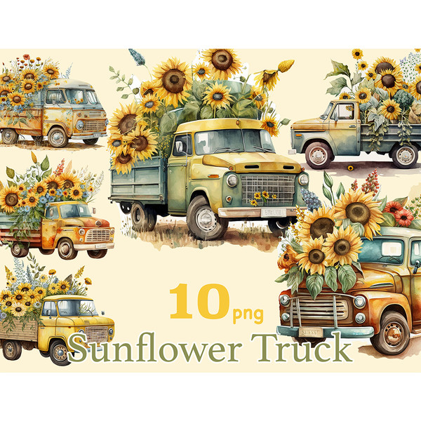 Watercolor clipart retro floral trucks with sunflowers in the trunks. Yellow truck, green and yellow truck. Farmhouse truck with flowers in the trunk. Trucks si