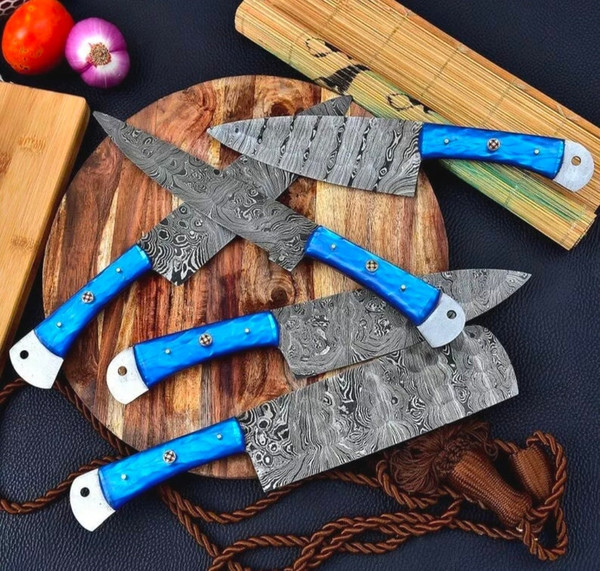 Handmade Damascus Chef Knife Set of 5 BBQ Knife Kitchen Knives 
