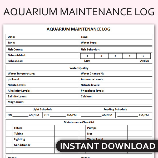 Printable Aquarium Maintenance Log, Fish Tank Care Tracker