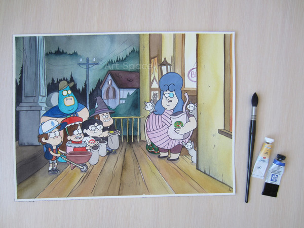 Gravity Falls-Dipper-Mabel Pines-Candy-Grenda-soos-cat-Lazy Susan-Halloween-cartoon-costumes-watercolor painting-3.JPG