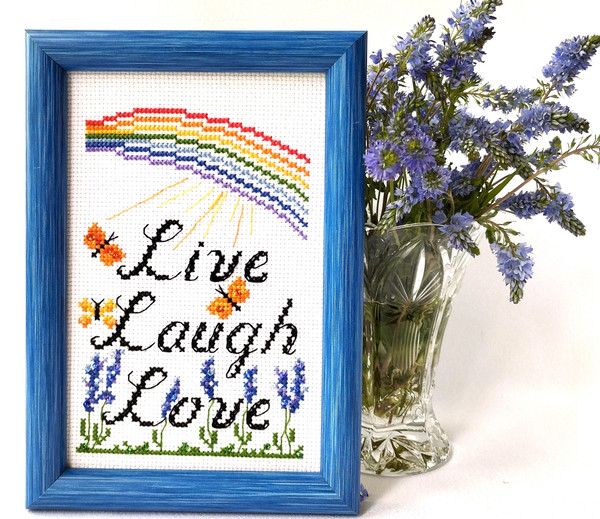 Live Laugh Love Framed Picture. Lavender Plant Art. Handmade Embroidery. Rainbow Sign.  Motivational Phrase. Positive Quote. Inspiring Home Decor.jpg