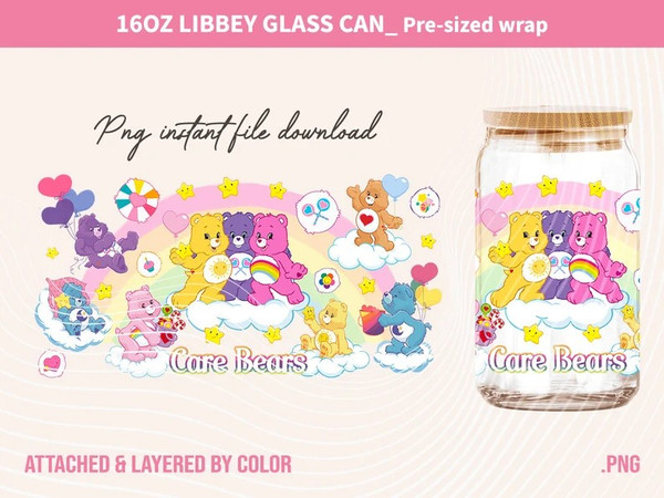 Bears Cartoons 16oz Wrap, 16oz Libbey Glass Can, Frosted Can Glass, Sublimation Design, Rainbow Design, Cute Bears Wrap,Cute Cartoon Design.jpg