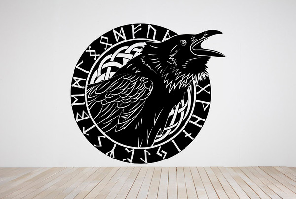 Scandinavian Mythology, Ancient Viking Inscriptions, Odin Raven, Black Raven, Runes, Symbols, Huggin, Munnin, Wall Sticker Vinyl Decal Mural Art Decor