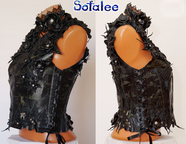 women's vest  genuine leather exclusive handmade color black painting night with 3 d flowers by Sofalee.jpg