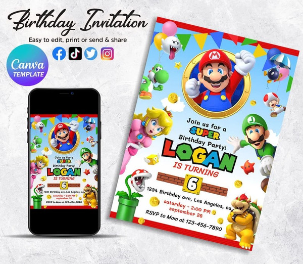 Editable Mario Bros Birthday Boy Invite, Mario Birthday Invitation, Mario Birthday Party Theme, Digital Invite, Kids Birthday Invitation.jpg