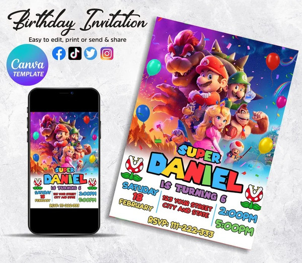 Editable Mario Invitation, Super Mario Invite, Luigi Invite, Mario Birthday Invitation, Mario Birthday Party Theme, Digital Invite.jpg
